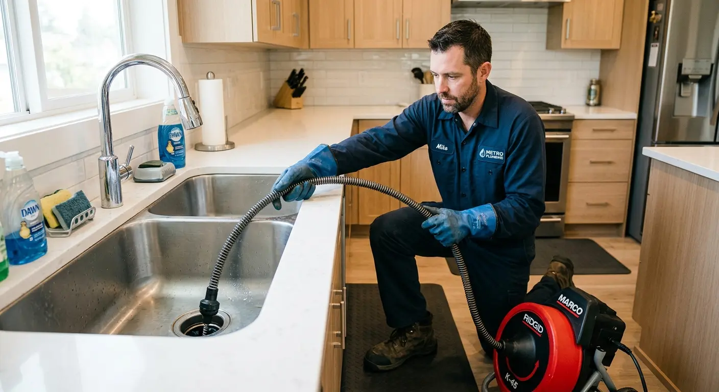 Drain cleaning technician using a motorized snake on a kitchen sink in San Marino