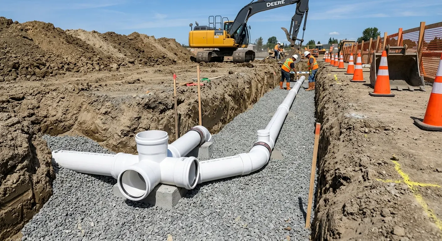 New PVC sewer pipe installation in open trench for Sewer Backup in San Marino