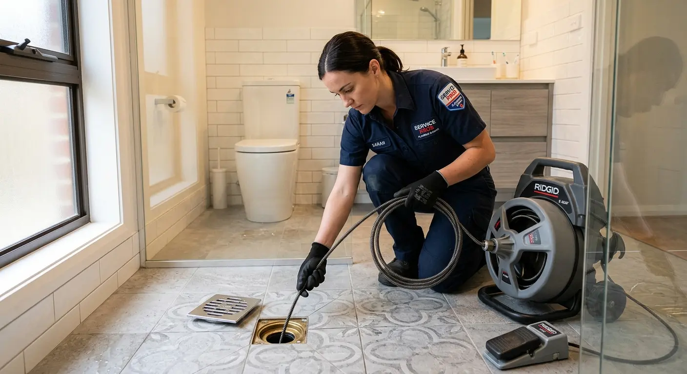 Technician clearing a bathroom floor drain for Sewer Line Replacement in San Marino